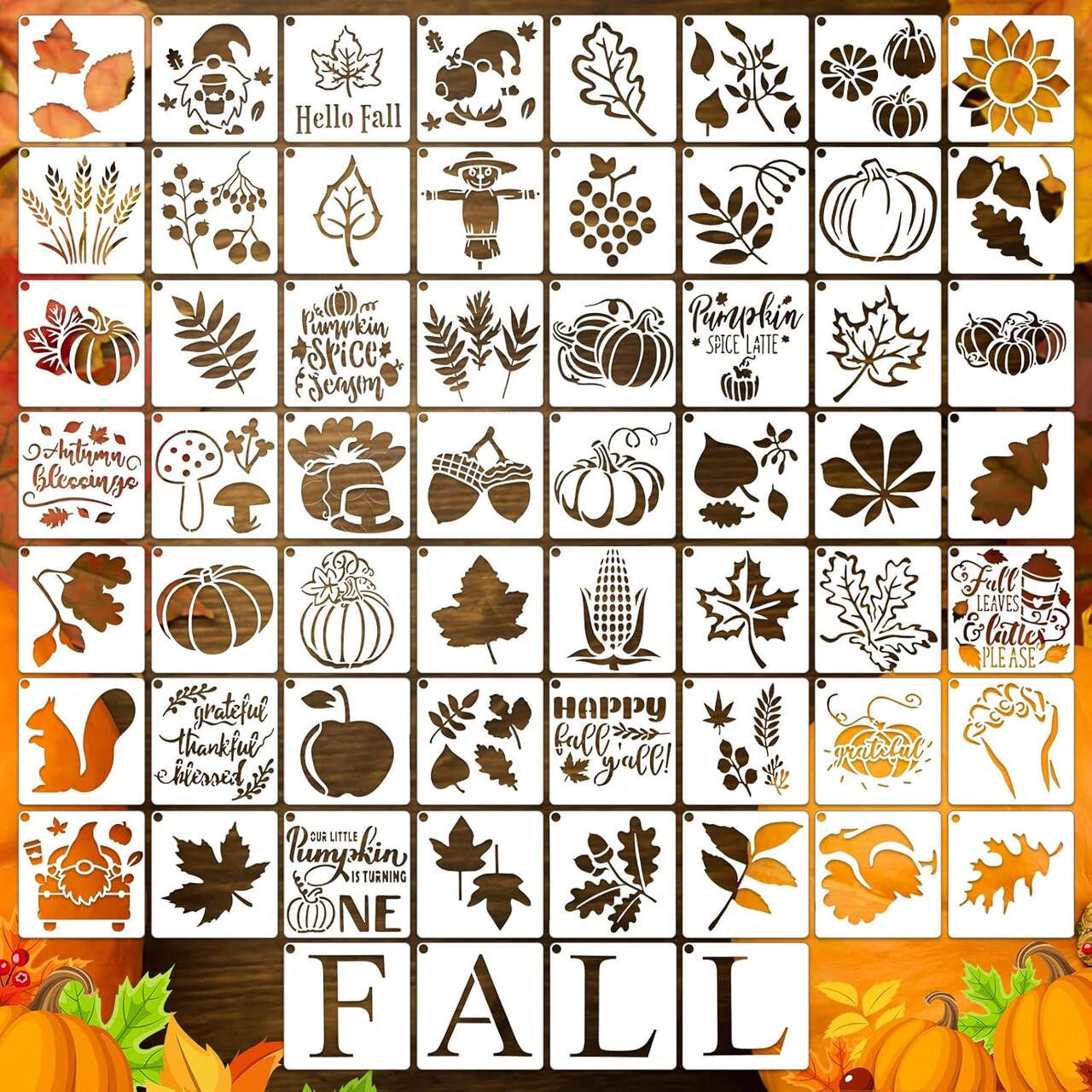 60 Pcs Fall Stencils for Painting Reusable Leaf Pumpkin - 3 x 3 Inch